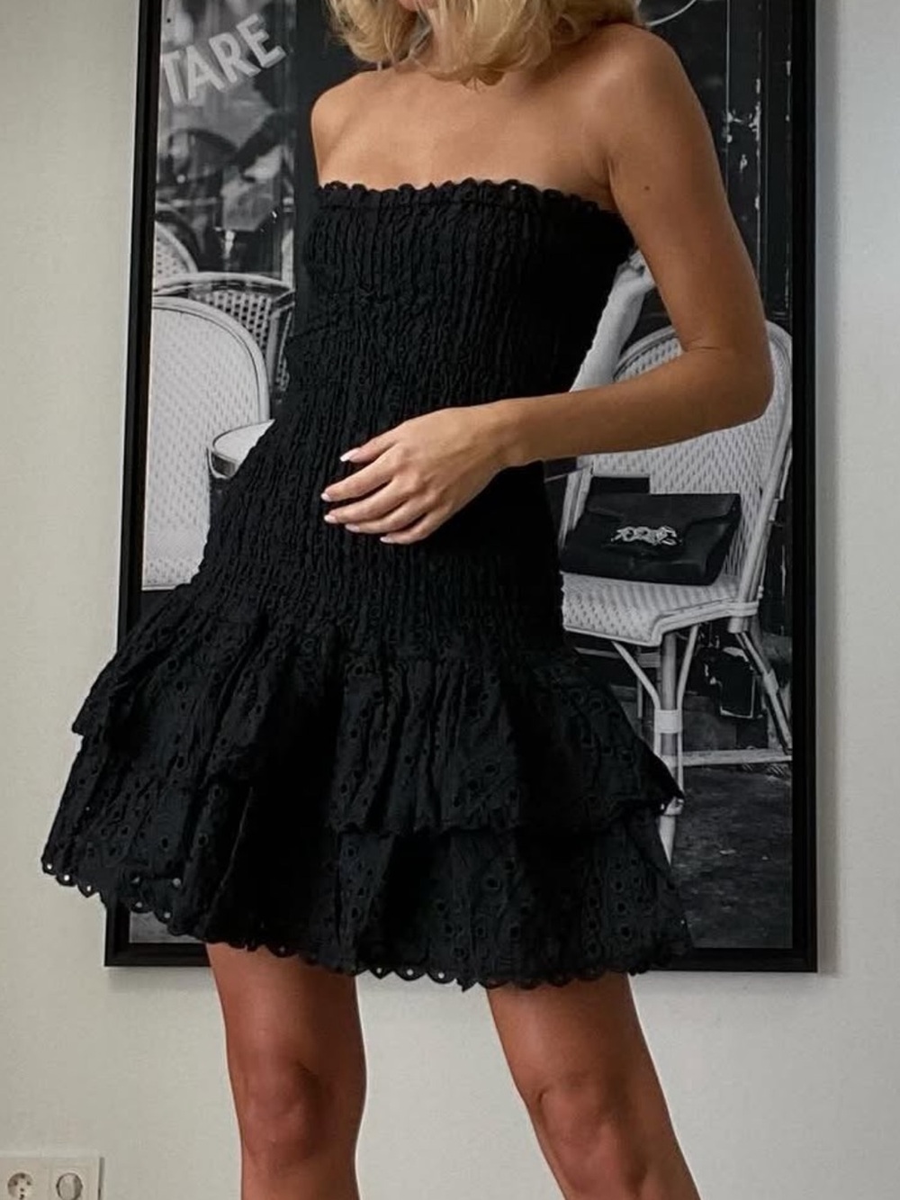 Strapless Black Ruffle Mini Dress